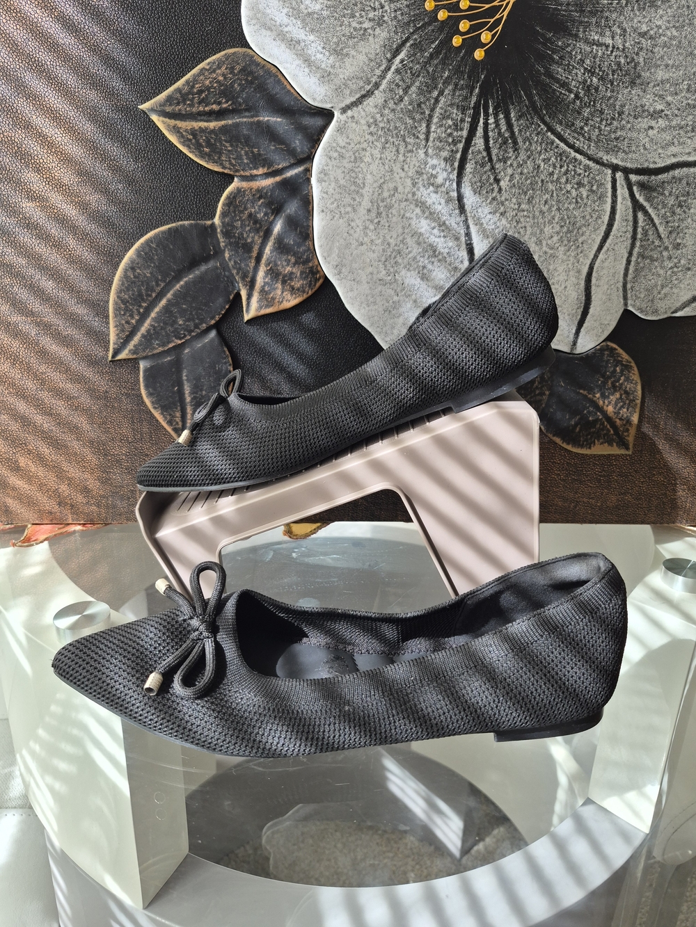 Nanette Lepore Black Knit Ballet Flats with Bow Accent